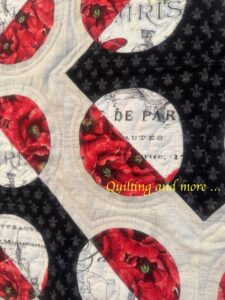 Detail of the previous quilt showing the quilting in the circles of red and white. There are feather motifs and echoing circles.