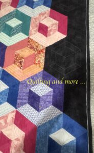 Detail of quilt showing how the shades of colors (purple and orange, in this shot) give a dimensional effect. Quilting on the black border shows another "box".