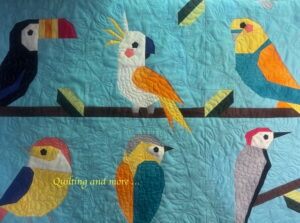 Close-up view of a few of the birds in very bright hues: red, blues, orange, yellow, turquoise, grey. black.